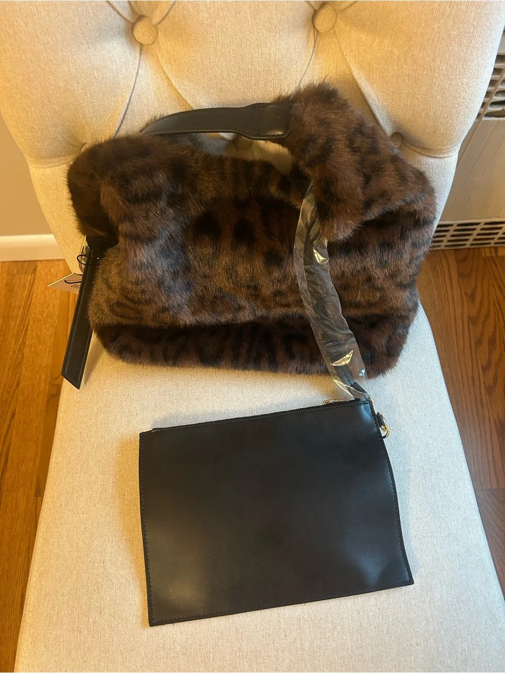 BCBGeneration Tik Tok Viral Leopard Faux-Fur Shoulder Bag with Black Handle(NWT)